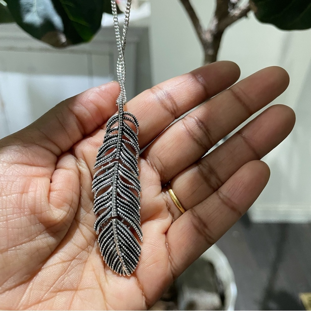 Beautiful Long Feather Silver Necklace